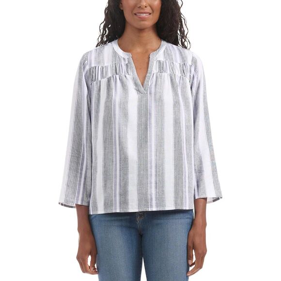 Splendid Striped Linen Blend Popover Top XXL 2XL Lagenlook Coastal White Grey - Picture 1 of 9